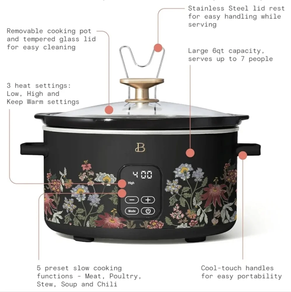 Beautiful 6 Qt Programmable Slow Cooker, Black Sesame by Drew Barrymore
